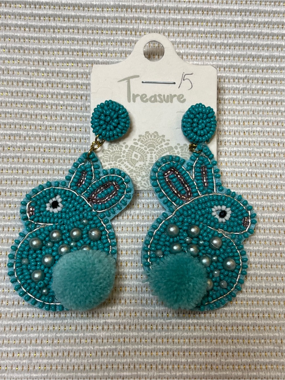 Secret Treasures Teal Bunny Bead & Pom-Pom Drop Earrings